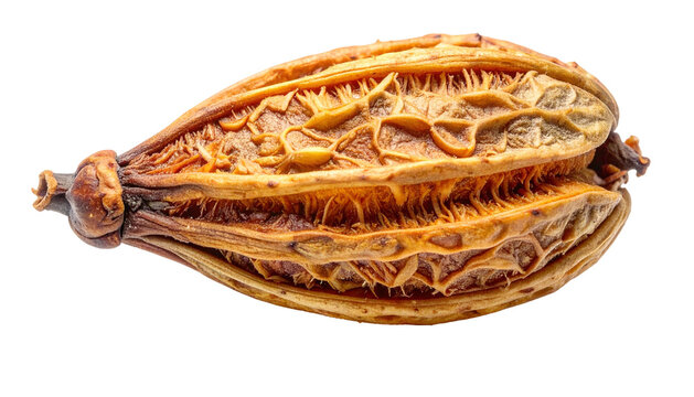 Dehisced seedpod, intricate textured surfaces, tan and brown hues, isolated on black