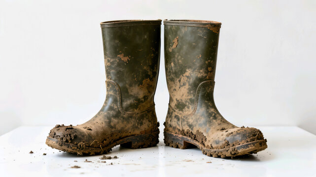 ​A pair of muddy olive green rubber boots standing on a white background.