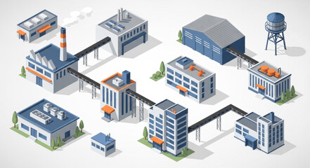 Obraz premium Isometric industrial complex illustration showcasing various buildings and structures with interconnected systems.