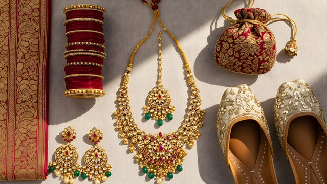 Traditional Red and Gold Indian Bridal Accessories Flat Lay - Gold Necklace with Rubies, Red Bangles, Earrings, Embroidered Bag and Wedding Shoes with Shadows