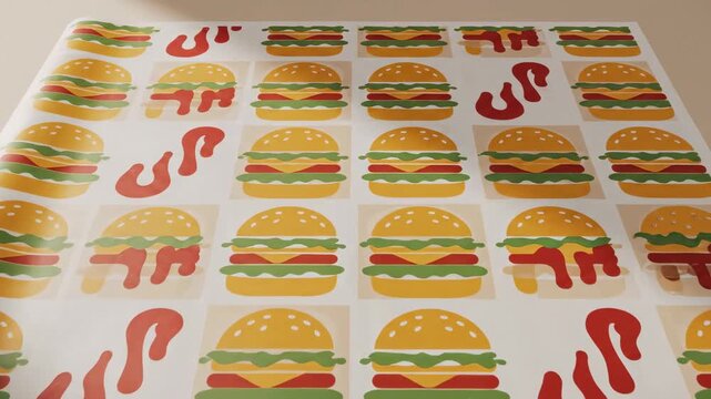 Seamless pattern of cartoon burgers and ketchup drips on a light background
