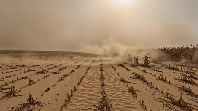Arid Farmland After Dust Storm with Dry Stalks and Sandy Soil Under Hazy Sunlight
