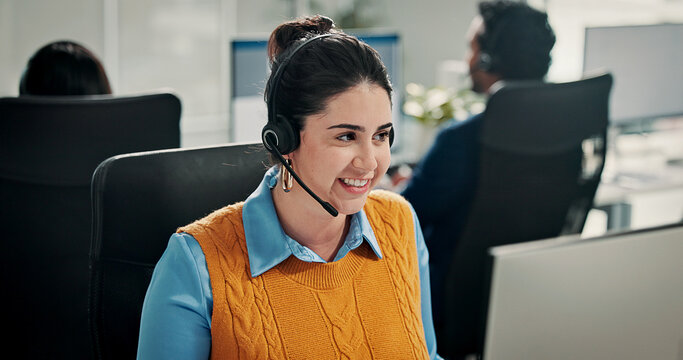 Call center, smile or woman in office with headset, contact us or communication in customer service. Happy, coworking or consultant in agency with computer, advisory or telecom in client assistance.