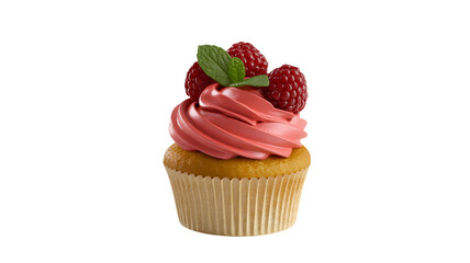 Delicious vanilla cupcake with pink raspberry frosting fresh red berries and mint leaf on a black background under soft light a sweet tempting dessert