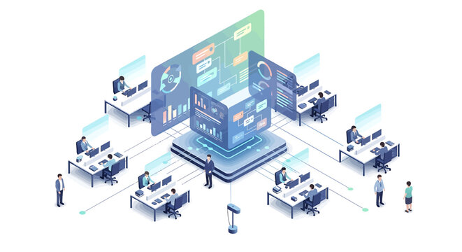 Isometric illustration of a business team working in an office, connected to a central data server with dashboards and analytics, representing a networked enterprise.