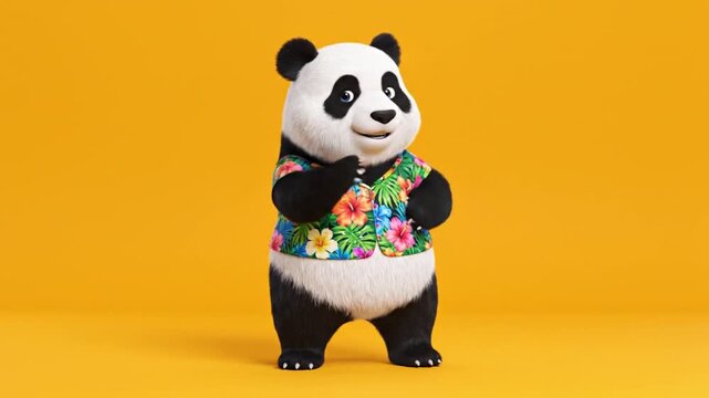 Colorful high clarity animation of a panda dancing happily on two feet wearing bright floral patterned clothing bright yellow flat background evenly distributed light cheerful upbeat mood exaggerated 