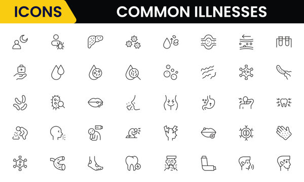 Common Illnesses line icons set. Common Illnesses outline icons with editable stroke collection. These Includes Breast Cancer, Depression, Brain Tumor, Allergy, Diabetes, and More.