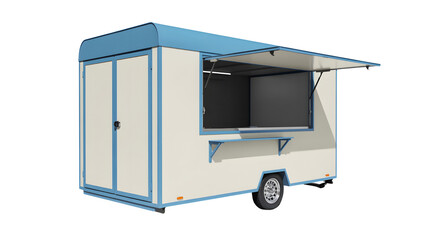 A pristine white and blue mobile food vending trailer with its service window wide open and a practical shelf extended presented on a clean black studio backgro