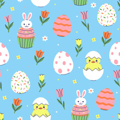 A simple Easter pattern with eggs, flowers, and chicks. Vector graphics.