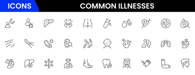 Common Illnesses line icons set. Common Illnesses outline icons with editable stroke collection. These Includes Breast Cancer, Depression, Brain Tumor, Allergy, Diabetes, and More.