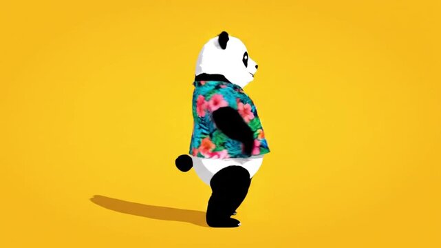 High energy motion graphic video of a panda standing upright and dancing with joyful enthusiasm wearing tropical floral patterned shirt and trousers bright yellow flat background bold contrast lightin