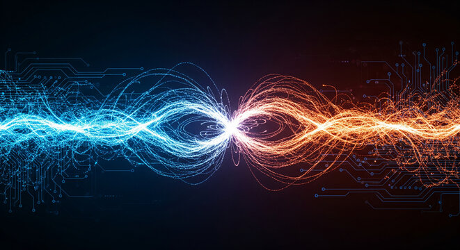 Abstract energy wave of blue and orange light particles colliding in a dark background