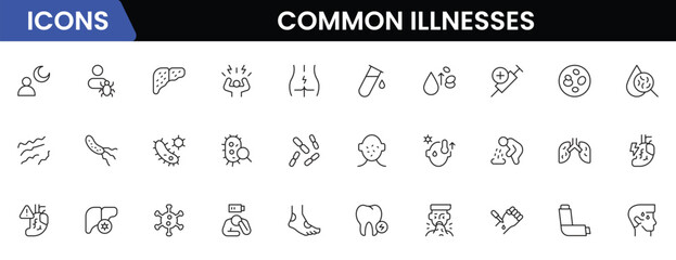 Common Illnesses line icons set. Common Illnesses outline icons with editable stroke collection. These Includes Breast Cancer, Depression, Brain Tumor, Allergy, Diabetes, and More.