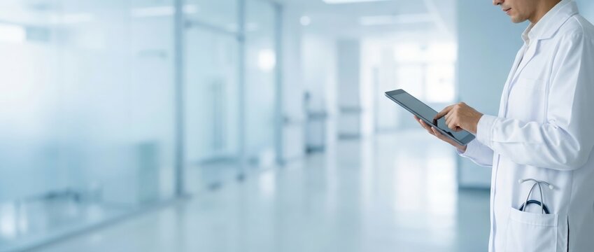 Medical professional using tablet in modern hospital healthcare technology bright environment focused viewpoint for patient care