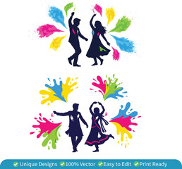 Holi Dancing Couple Silhouette with Color Splash Vector Illustration &ndash; Indian Festival of Colors Celebration Artwork