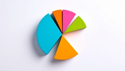 Obraz premium A 3D pie chart with six colorful segments in light blue, blue, pink, orange, green, and yellow, rendered