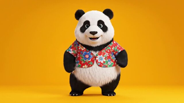 Playful studio animation of a charming panda dancing in a standing pose with human inspired posture while preserving natural panda silhouette wearing decorative floral patterned jacket bright yellow e