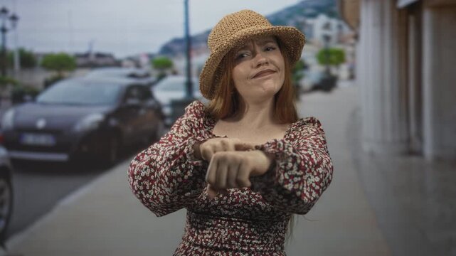 Woman redhead pointing with hands toward camera on street, wearing straw hat and patterned floral dress, slight smirk, cars and sidewalk visible; playful defiance.