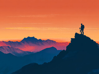 Obraz premium Silhouette of a Hiker at Mountain Summit During Sunset