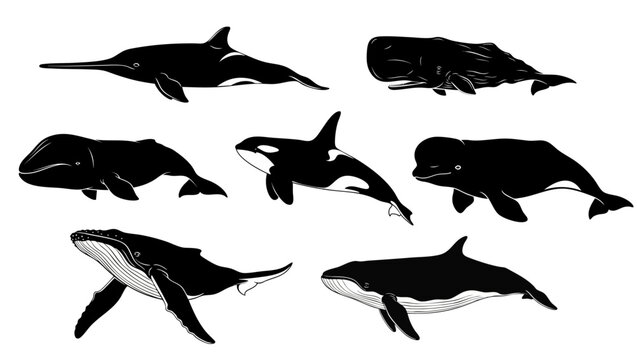 A collection of whale silhouettes consisting of beluga whales, orcas, humpback whales, bowhead whales, omura whales, beaked whales, and sperm whales in a simple vector style.
