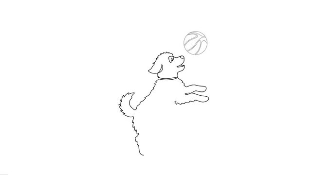 Continuous line drawing animation of a dog playing with a ball. 