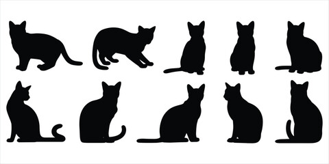 Set of black cat silhouettes in various sitting and standing poses on white background feline animal © MdAbdur