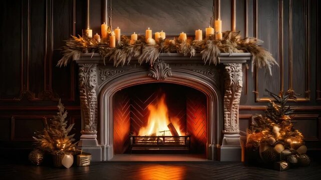 Elegant fireplace scene with burning logs, candles, and seasonal decorations in a dark interior