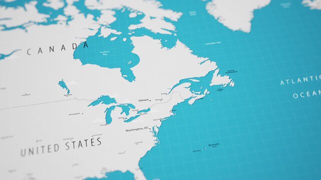Smooth camera flyover across North America on a detailed political world map, moving from the United States and Canada to Greenland (Denmark). Ideal for educational, geopolitical, documentary and news
