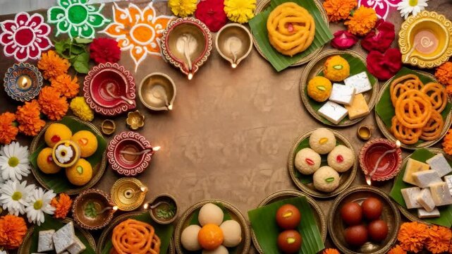 Traditional indian festive celebration with diya, rangoli, flower, and dessert for Diwali