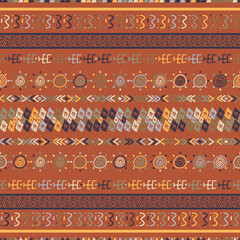 African tribal seamless pattern with ethnic geometric symbols, sun icons and wavy lines on terracotta background