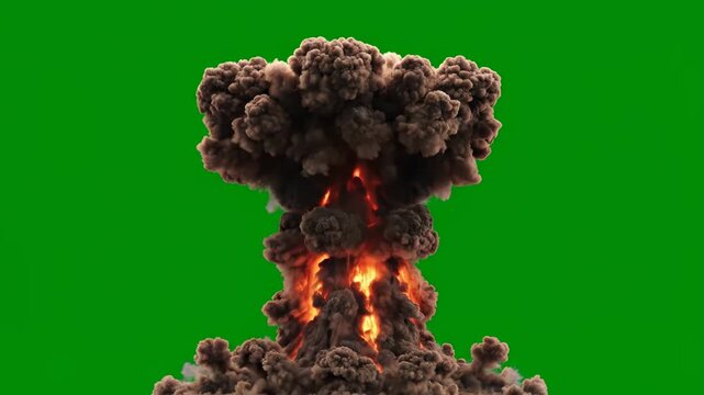 Catastrophic nuclear blast, huge mushroom cloud explosion on green screen. Use for dramatic movie effects, war footage, or apocalyptic themes.