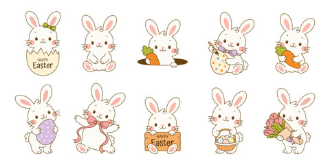 Obraz premium Cute Easter bunny character set. Rabbit with bow, egg, carrot, basket, and flower. Spring holiday collection for greeting cards, nursery decor, stickers, and poster design