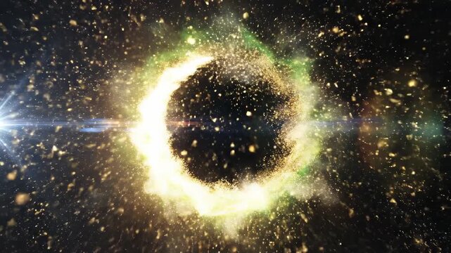 Dynamic Energy Flow: Rotating gold and green particle ring with bright lens flares, ideal for logo reveals or cinematic intros.