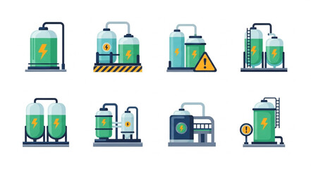 Industrial energy storage tanks with green color and lightning symbols.