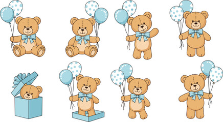 Obraz premium Cute Teddy Bear with Blue Balloons and Gift Box Cartoon Vector Set
