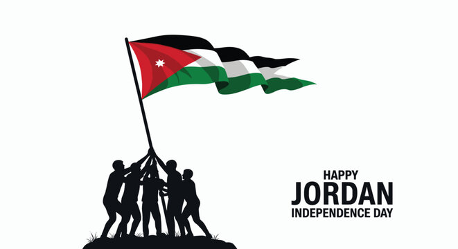 Celebration of Jordan Independence Day with a silhouette of people raising the national flag on a hill.