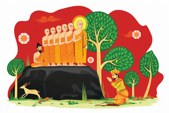 Mihintale Arrival of Buddhism in Sri Lanka Vector Illustration: Arahat Mahinda Thero Meeting King Devanampiyatissa at Missaka Pawwa, Poson Poya Religious Art for Vesak and History.