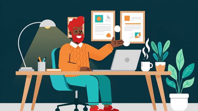 Contemporary cartoon style animation of a red bearded professional seated at a tidy minimalist desk in front of dark teal background wearing orange sweater turquoise trousers red footwear turquoise ch