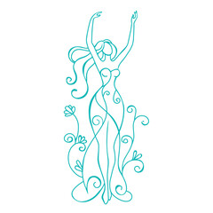 stylized figure of woman line art vector symbol. Woman with waving hairs and  growing, curving plants symbol of spring and youth hand drawing illustration