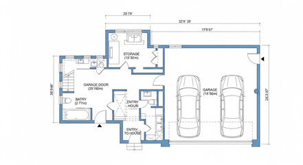 Detailed architectural blueprint showcasing a residential house floor plan with garage. © Ahmad