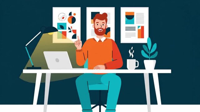 Minimal flat vector animation scene presenting a caucasian man with red beard and short brown hair seated on turquoise chair behind white leg desk dark teal background emphasizing vibrant contrast ora