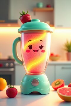 Personaje de licuadora de batidos de dibujos animados en 3D con bordes redondeados y una sonrisa brillante
