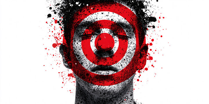 Man with target painted on face, splattered with red and black paint, representing a concept of being a target or under pressure