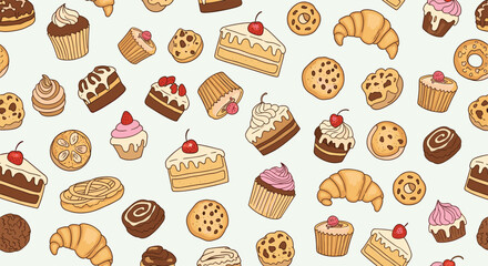 Colorful seamless pattern of various sweet pastries including cupcakes croissants cookies and cake slices for bakery background.