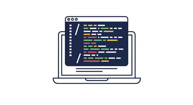 Flat design illustration of a laptop computer with a code window open on the screen for software and web development.