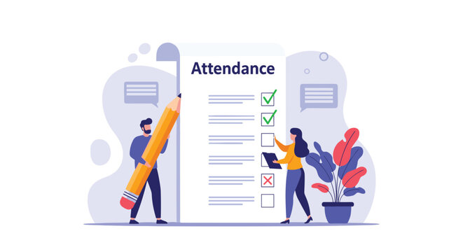 Modern flat illustration of students or employees checking an attendance list on a giant clipboard with a large pencil.
