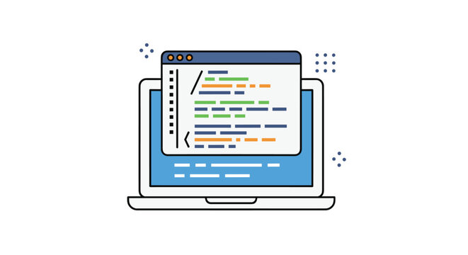 Laptop computer displaying a code editor window with colorful lines of programming script for web design and development.