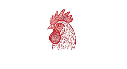 Decorative red rooster head illustration with intricate swirling patterns and mandalas inside its comb and feathers.