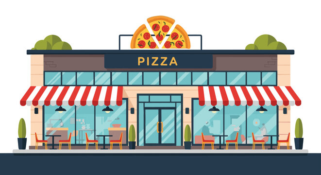 Modern pizza restaurant storefront illustration with outdoor seating umbrellas potted plants and a large pizza slice sign.