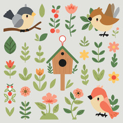  Colorful cartoon birds flowers leaves birdhouse isolated on transparent background
